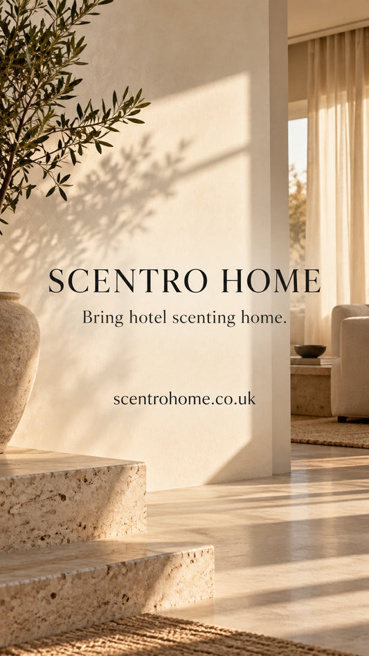 Sunlit neutral interior with olive branches and the words Scentro Home — Bring hotel scenting home