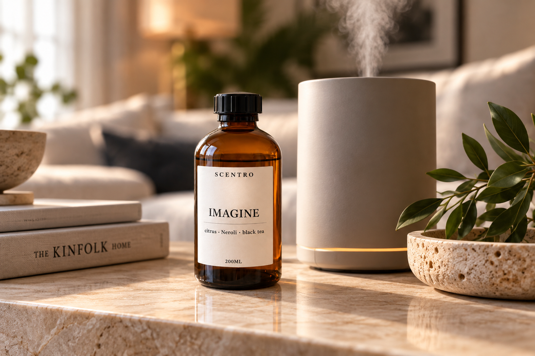 Scentro Home Imagine fragrance oil beside a waterless cold-air diffuser