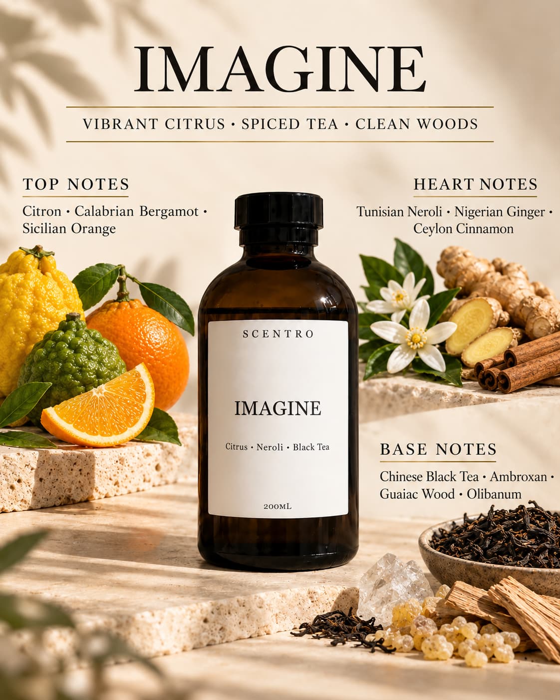 Imagine diffuser oil fragrance notes – Vibrant Citrus, Spiced Tea, Clean Woods