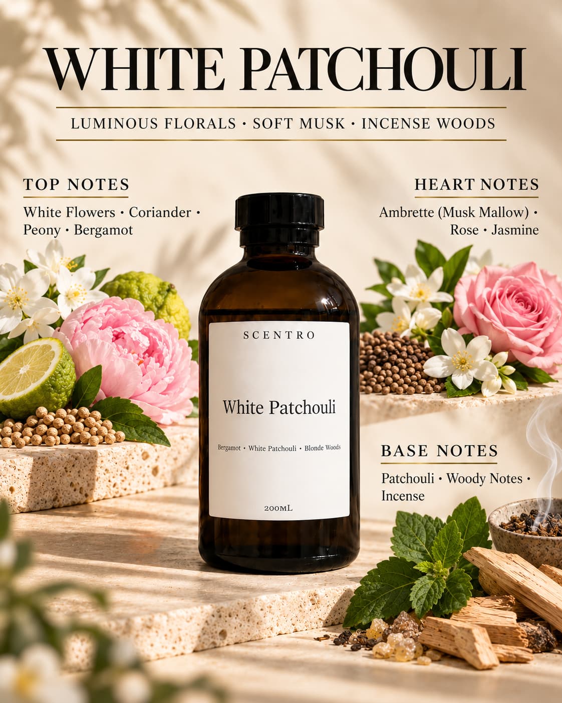 White Patchouli diffuser oil fragrance notes – Luminous Florals, Soft Musk, Incense Woods