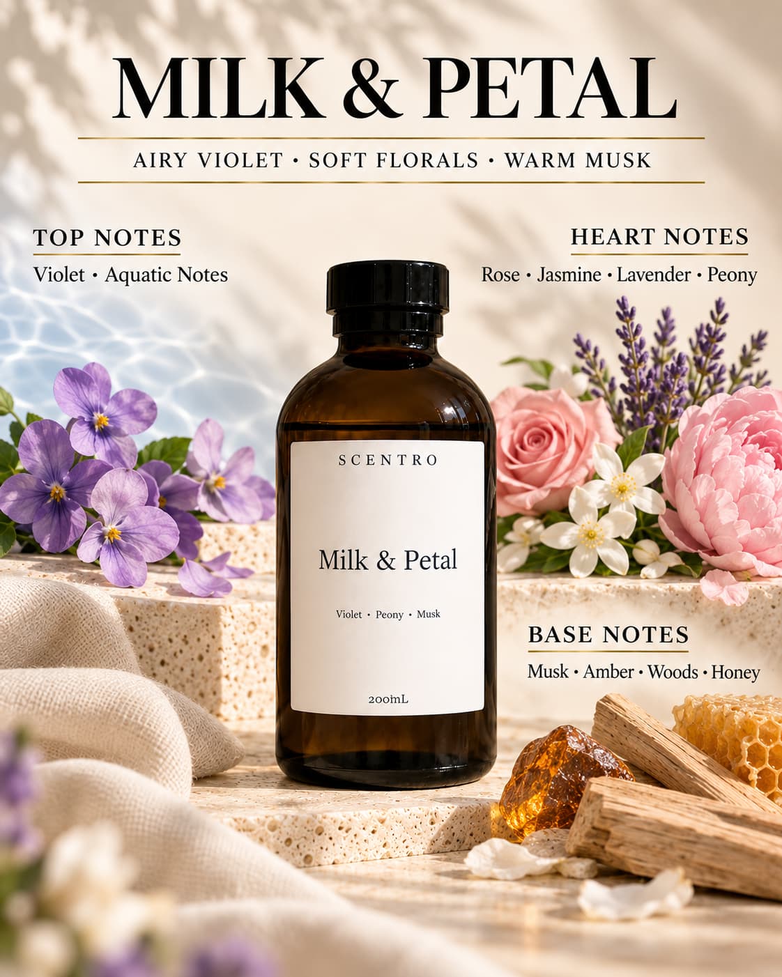 Milk & Petal diffuser oil fragrance notes – Airy Violet, Soft Florals, Warm Musk