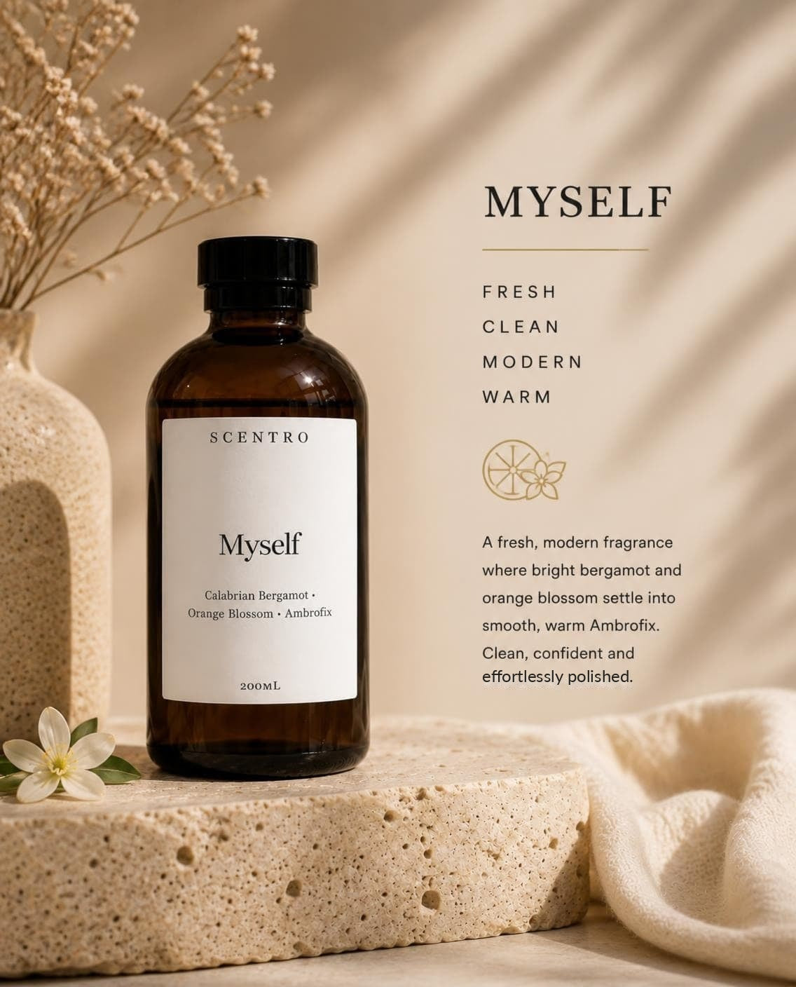 Myself waterless diffuser oil by Scentro Home with Calabrian bergamot, orange blossom and Ambrofix notes