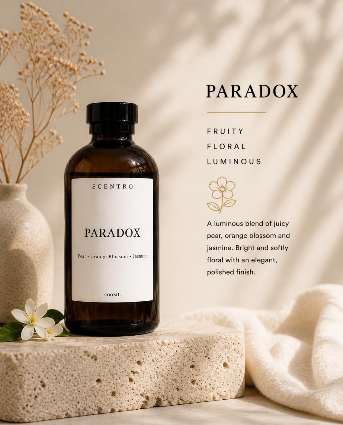 Paradox waterless diffuser oil by Scentro Home with pear, orange blossom and jasmine notes