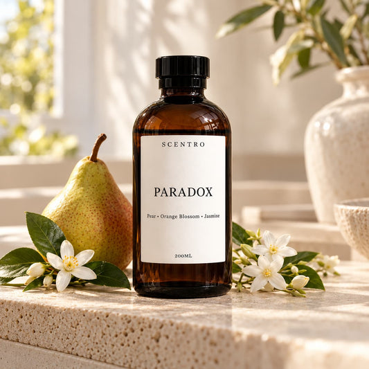 Scentro Home Paradox 200 ml diffuser oil — amber bottle with pear and orange blossom flowers"